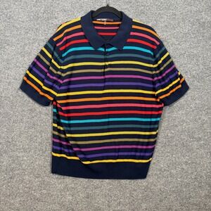 Mr Turk Sweater Shirt Mens XL Rainbow Stripe Knit Polo Shirt Short Sleeve Cotton